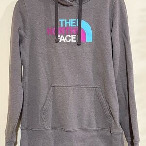 The North Face Gray Hoodie with Blue and Purple Logo